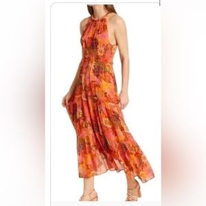 A.L.C Elara Silk Pleated Tiered Floral Print Halter Midi Maxi Dress size 0